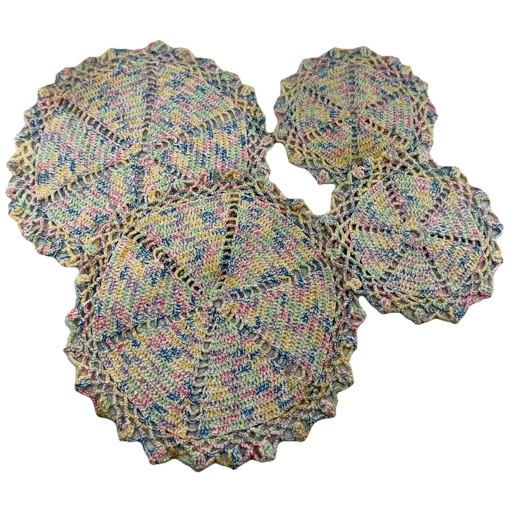 Vintage Crochet Doily Set of 4 Pastel Pinwheel Lace 10" & 7" Hand Made EUC